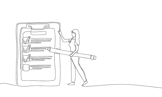 Hand draw line art human business illustration. Woman with big pencil before big to-do list. Vector