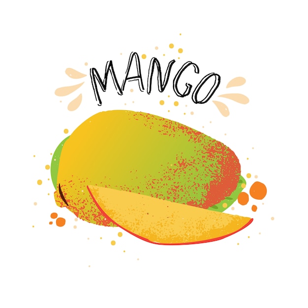 手描きマンゴーイラスト。白い背景で隔離のジュースのスプラッシュと黄色の完熟マンゴー。
