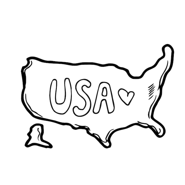 Hand draw map of United States Black line drawing sketch outline doodle on white background handw