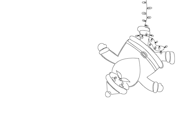 Hand draw one continues Santa Claus tangled in a garland. Outline vector illustration.