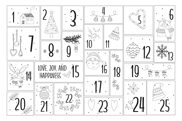 Calendario dell'avvento di natale contorno disegno a mano