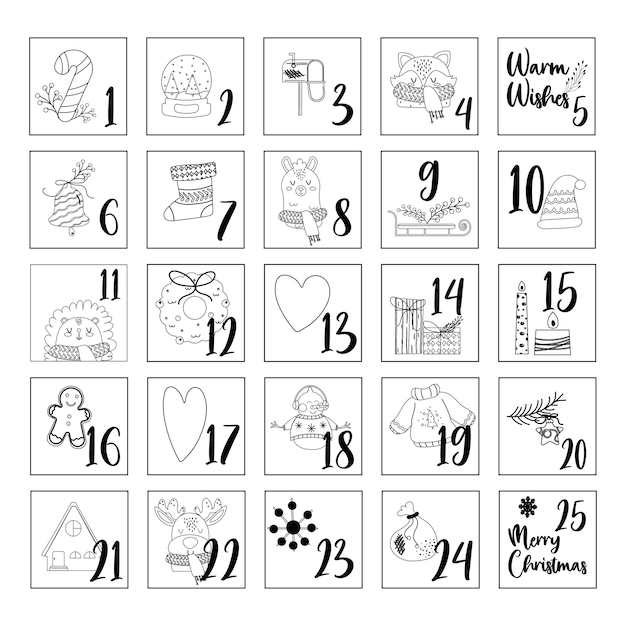 Hand draw outline festive christmas advent calendar