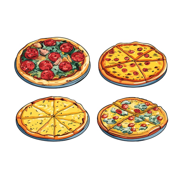 Hand draw pizza set with various ingredients in cartoon style whole and chopped pizza icon vector