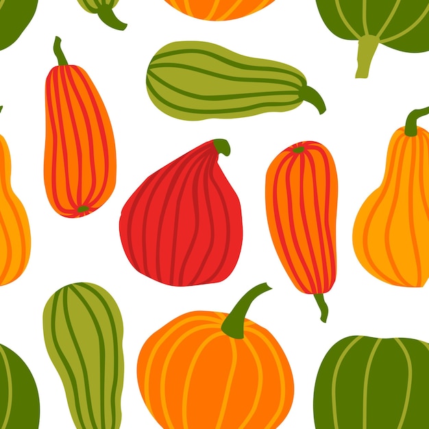 Disegnare a mano pumpkin seamless pattern in semplice doodle style vector background zucche colorate di diverse forme e dimensioni isolate su sfondo bianco. modello per halloween, ringraziamento, vendemmia