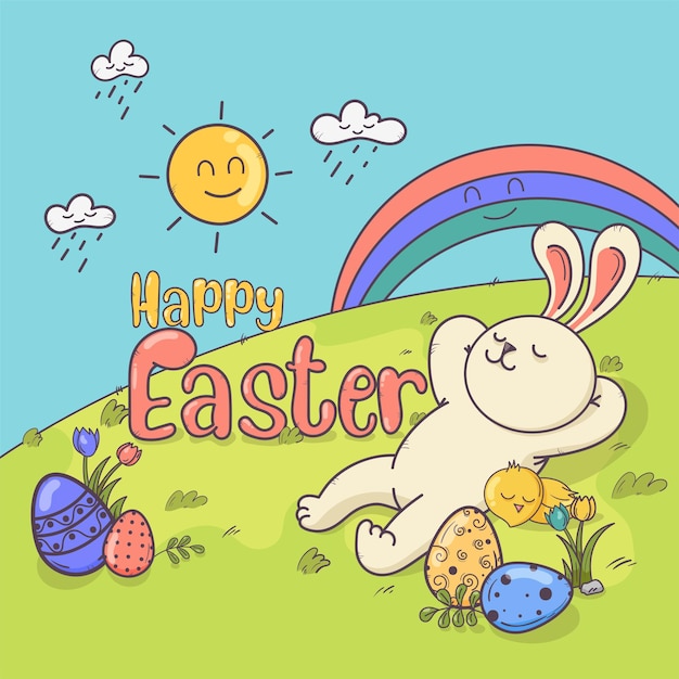 Hand draw Rabbit and Chicken Cute on grass field with Easter Egg background vector illustration