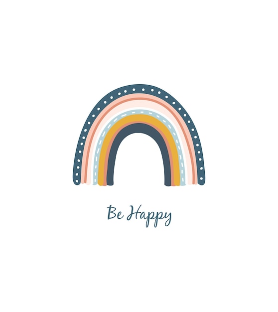 Hand draw rainbow with text be happy Children poster card postcard with a rainbow