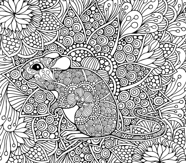 Hand draw rat with mandala style coloring page