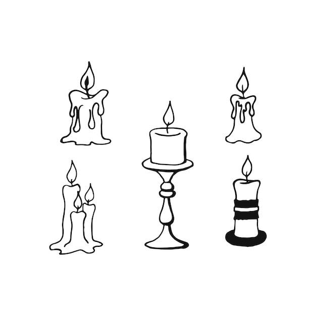 Hand draw set of candles. Three burning candles. Vector illustration. Doodle isolated on a white background.