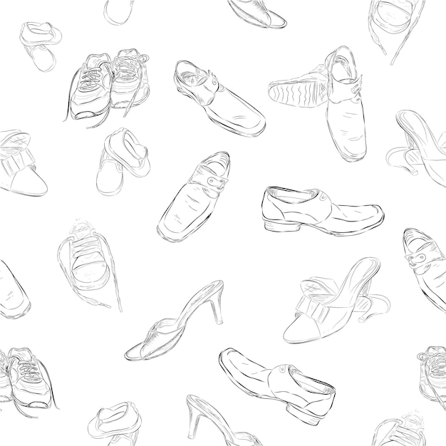 Hand draw sketch pattern seamless background man woman and children shoes