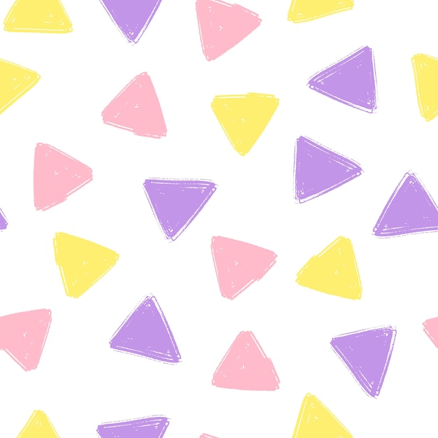 ハンドドロートライアングルパターンキッズパープル、ピンク、イエロー。パステルカラーの三角形のベクトルエンドレス背景鉛筆テクスチャ。パッケージ、ベビーテキスタイル、ウェブサイトの背景のテンプレート