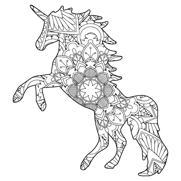 Hand draw unicorn outline mandala coloring page for adult relaxion line art animal mandala