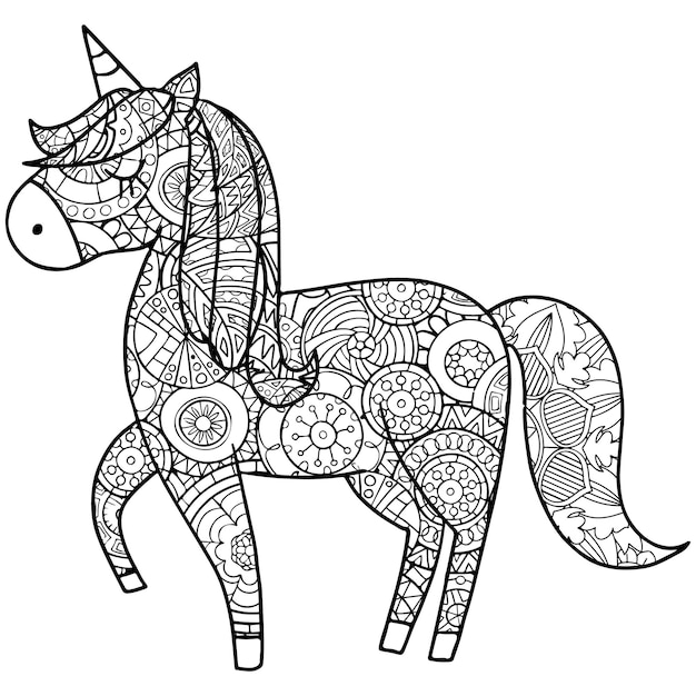 Vettore disegnare a mano unicorno con pagina da colorare mandala