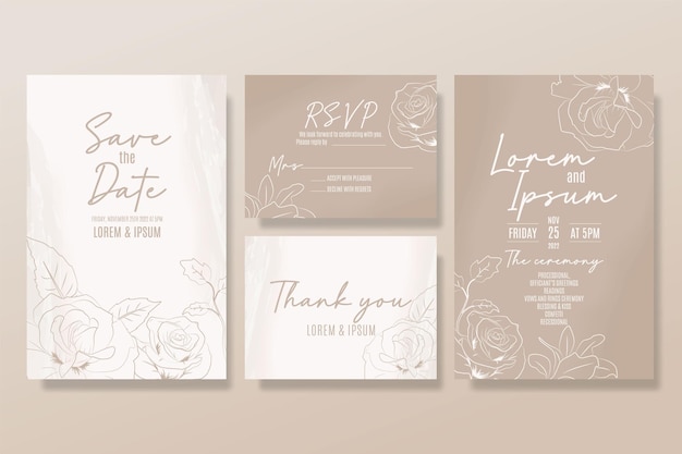 Hand draw wedding invitation template with roses and leaves