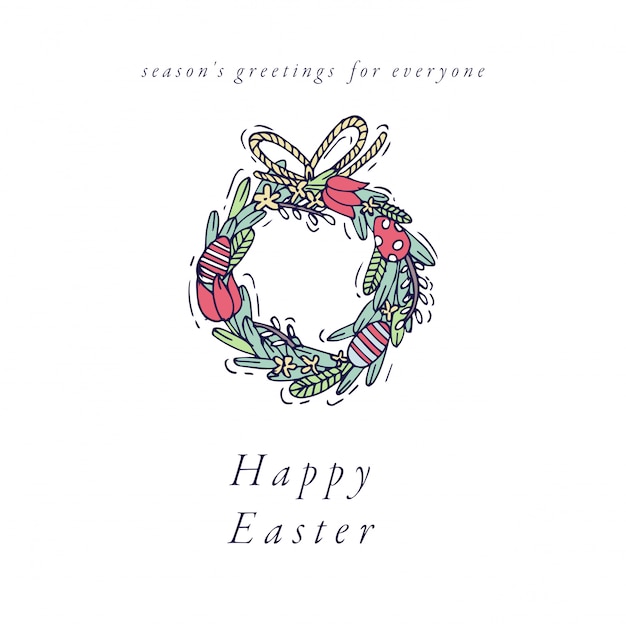 Hand draw wreath design for easter greetings card colorful color. typography and icon spring holiday background, banners or posters and other printables.