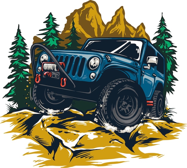 Vector hand drawing adventure offroad jeep in outdoor