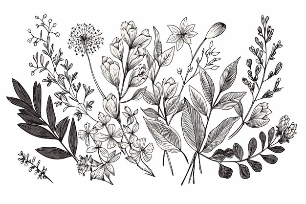 Вектор Ручной рисунок и эскиз цветка черно-белый с линейной иллюстрацией симпатичный графический цветок на спине