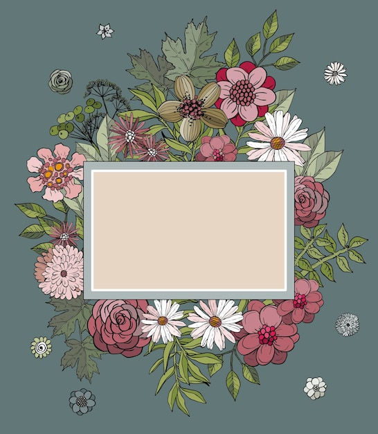 Hand drawing background with flowers and plants in sketch style