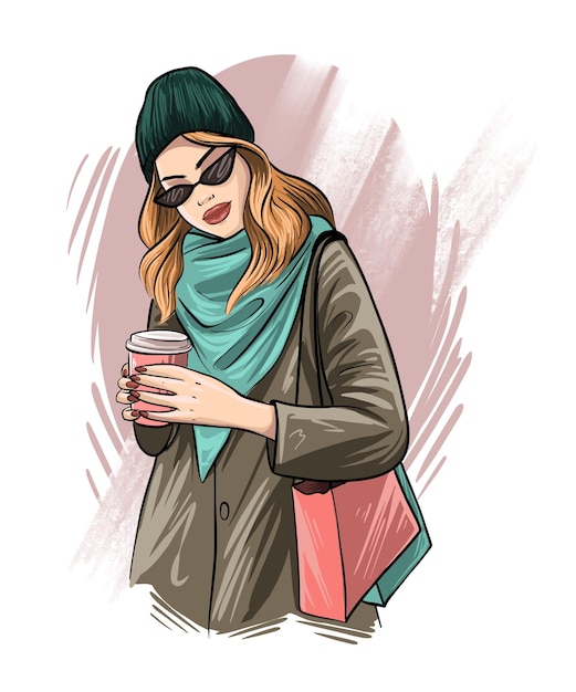 Vector hand-drawing beautiful young woman portrait. fashion girl with coffee. girl in a warm jacket. sketch  illustration