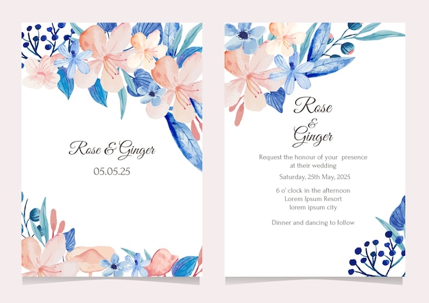 손 그리기 파란색과 분홍색 꽃 결혼식 초대 카드 서식 파일