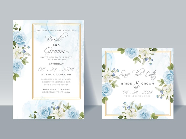 Hand drawing blue roses wedding invitation card