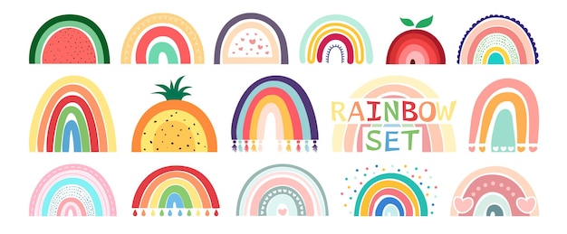 Hand drawing boho rainbow set isolated on white background in cute delicate pastel colors.