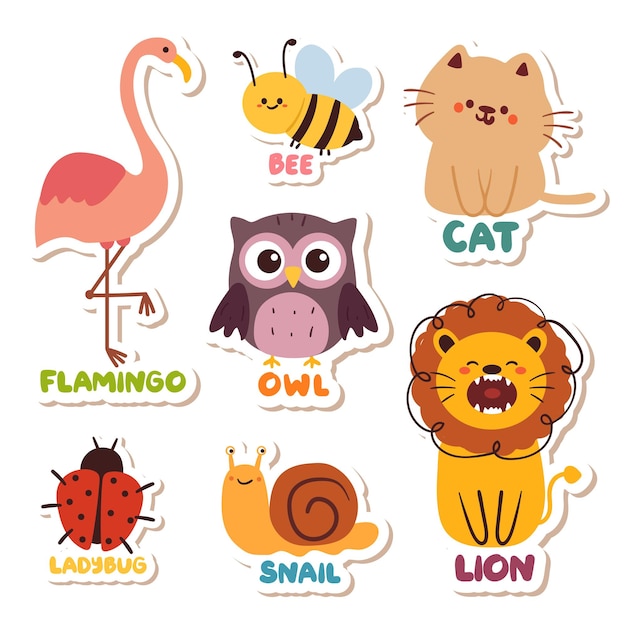 Vector hand drawing cartoon animal sticker set