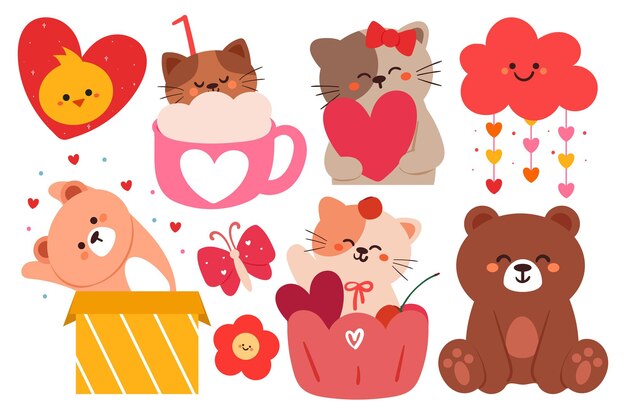 Vector hand drawing cartoon animal and valentine element sticker set