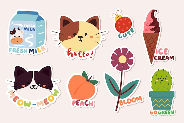 Hand drawing cartoon cat food flower sticker set collection