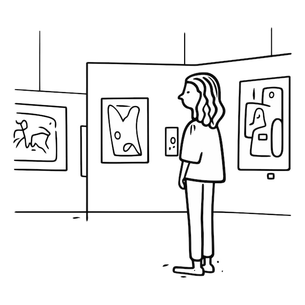 Vettore personaggio di cartone animato disegnato a mano di una donna che guarda dipinti in una galleria d'arte