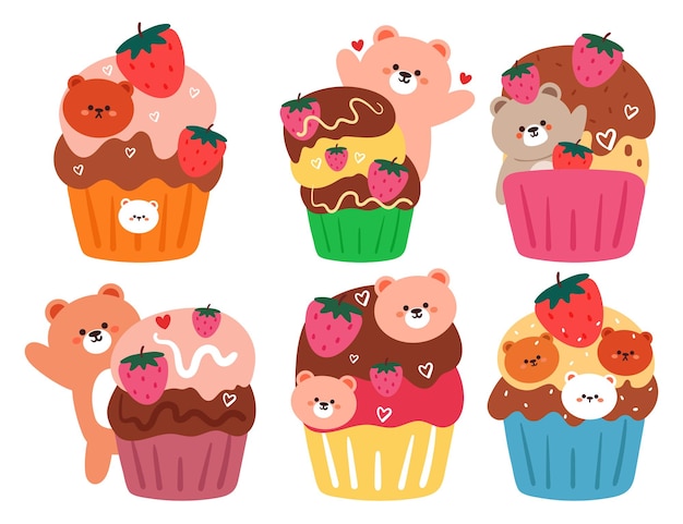 Vector hand drawing cartoon cute dessert and cartoon bear sticker set cute food and animal sticker