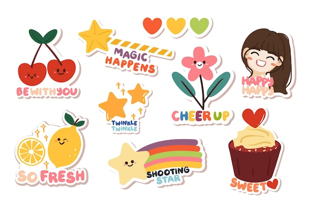 hand drawing cartoon fruit food stars girl sticker set