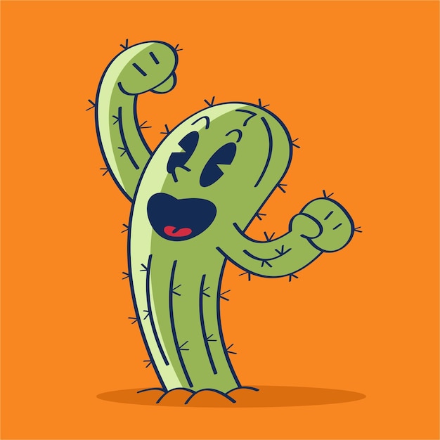 Hand drawing cartoon illustration of a cactus with a face that says horay