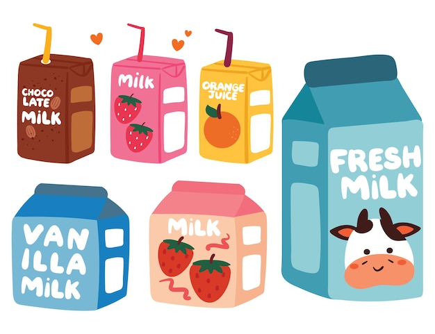 hand drawing cartoon milk and juice drink carton sticker set