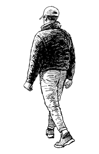 Vector hand drawing of casual city dweller walking alone outdoor