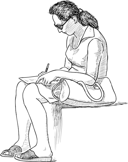 A hand drawing of a casual townswoman writing a letter on a park bench