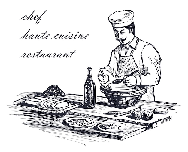 Hand drawing of chef cooking in restaurant kitchen haute cuisine retro style sketch vector