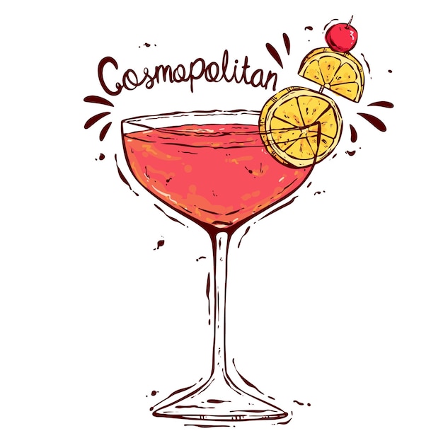 Hand Drawing Cosmopolitan Cocktail with lemon and cherry Cocktail glasses with colored sketchy styl
