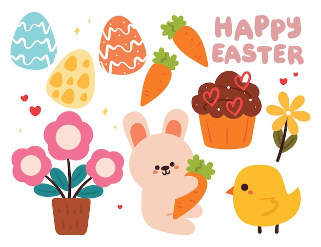 Vector hand drawing cute cartoon easter element sticker set easter doodle sticker