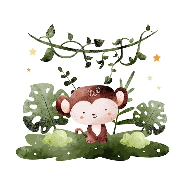 Hand drawing cute monkey and leaves