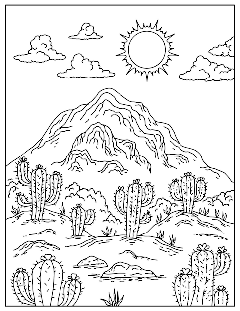 Disegno a mano paesaggio di cactus del deserto pagina da colorare per bambini