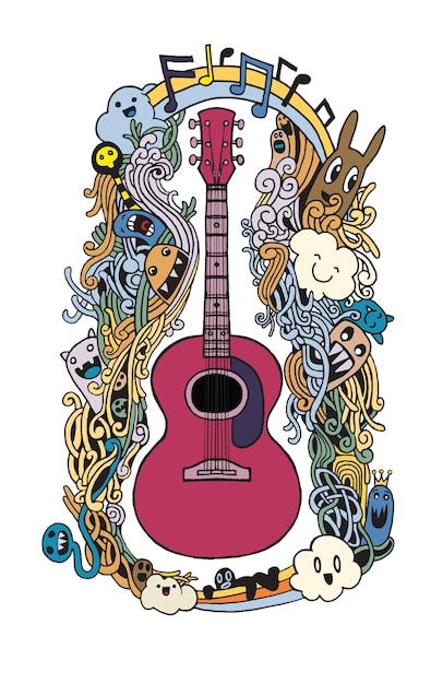 Vettore mano che disegna la chitarra acustica di doodle, design piatto