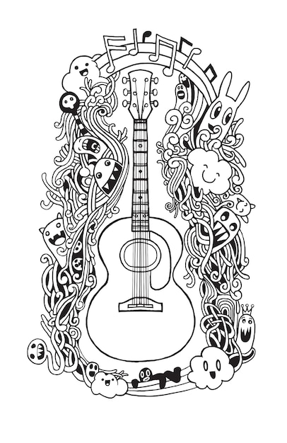 Mano che disegna la chitarra acustica di doodle