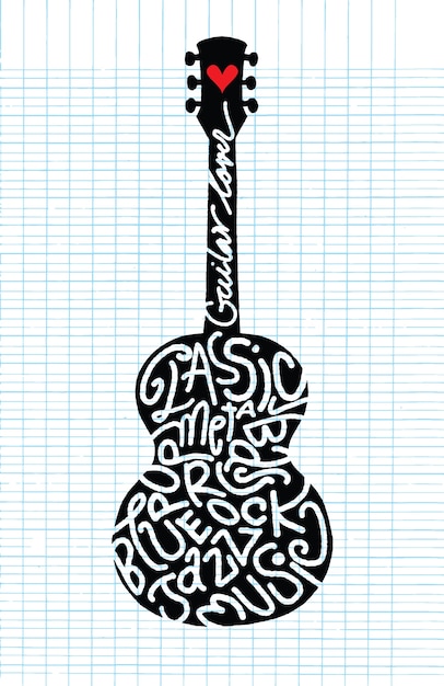 Vettore mano che disegna la chitarra acustica di doodle