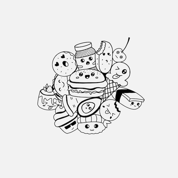 Tema di cibo spazzatura di doodle di disegno a mano