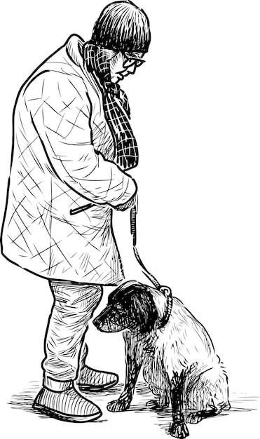 Hand drawing of an elderly woman with her dog