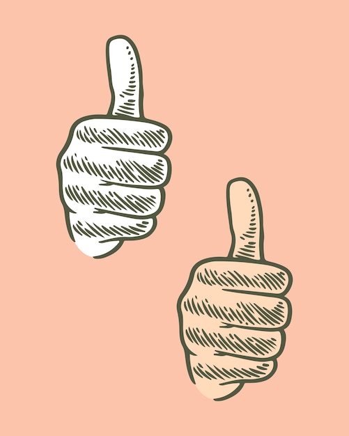 Hand drawing engraving hand thumbs up isolated on pink background