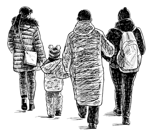 Hand drawing family of casual city dwellers walking together outdoors