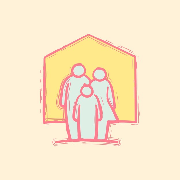 Vector hand drawing family inside the house doodle icon.