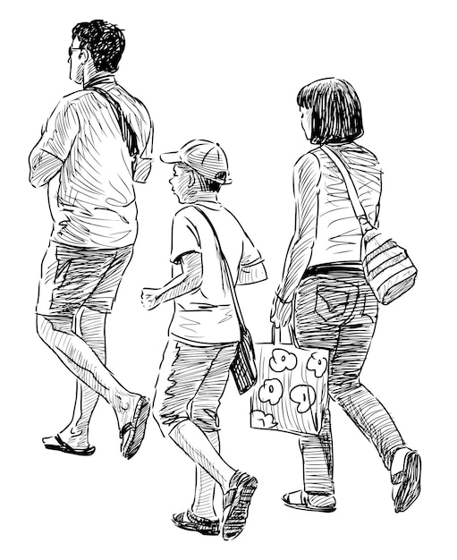 Vettore disegno a mano di giovani cittadini della famiglia che camminano all'aperto il giorno d'estate