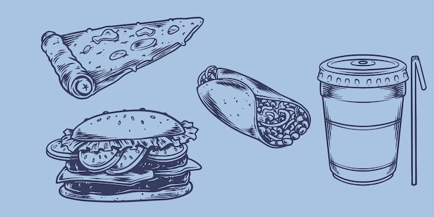 Vettore disegno a mano di fast food set di hamburger pizza kebab bevande analcoliche menu fast food di ristoranti di fast food